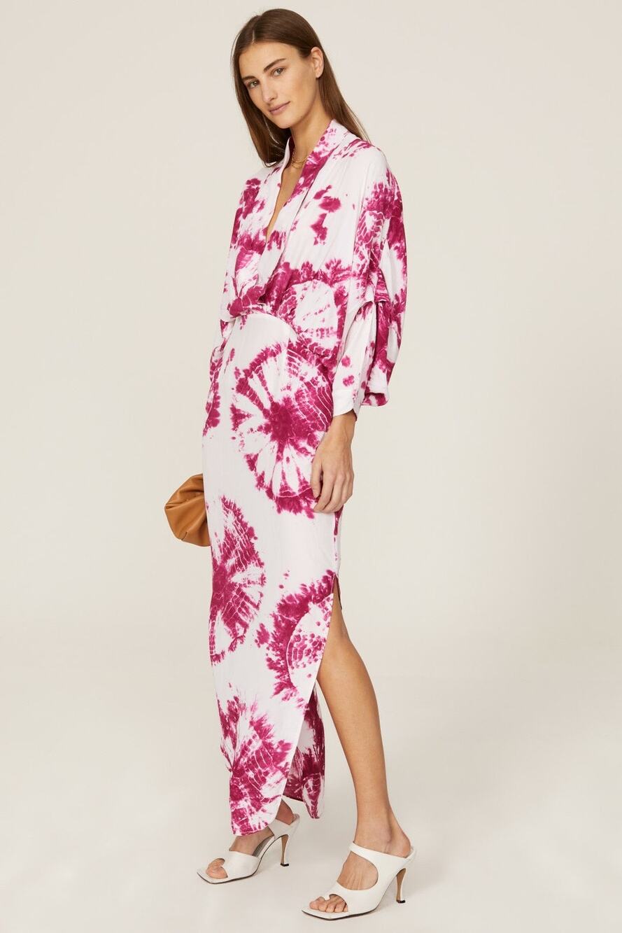 S/W/F Magenta Tie Dye Print Plunge V-Neck Long Sleeve Coastal Maxi Dress Size S